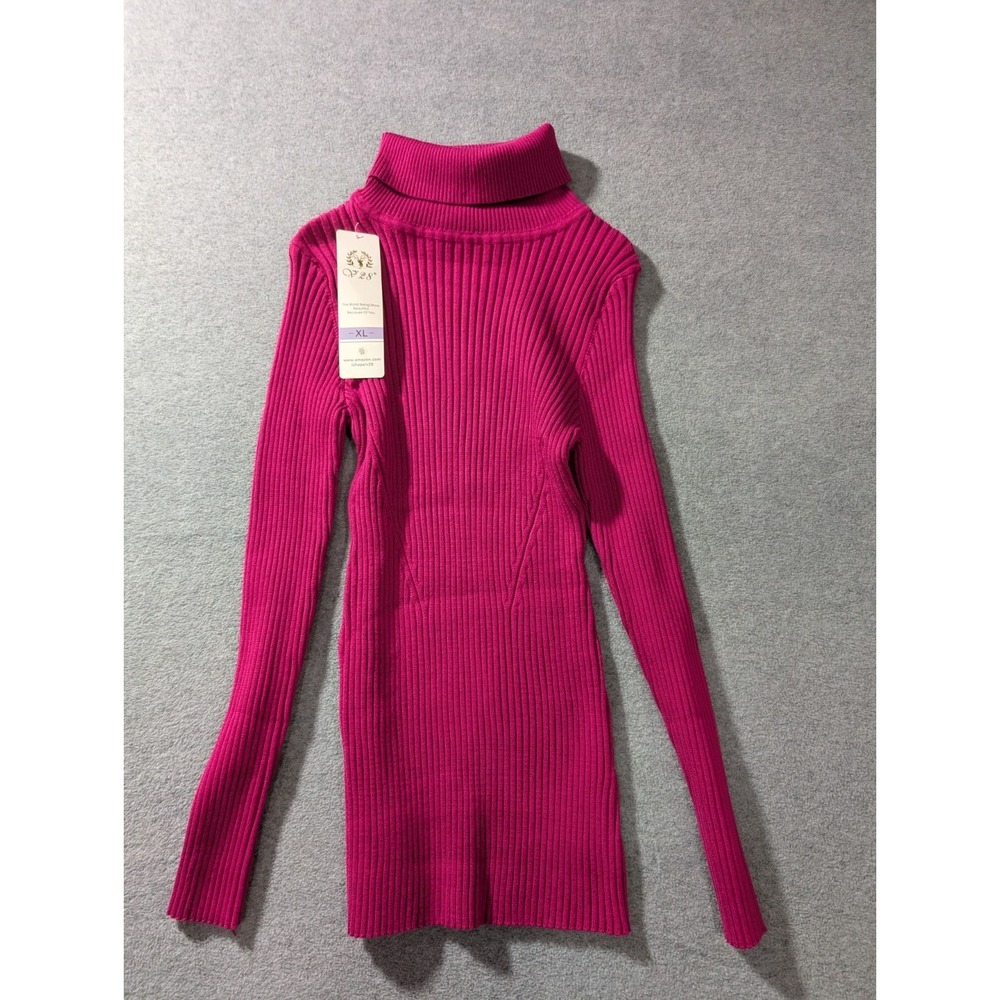 Womens Ribbed Turtleneck Sweater Pink XL Stretch Fitted Long Sleeve Knit Top
